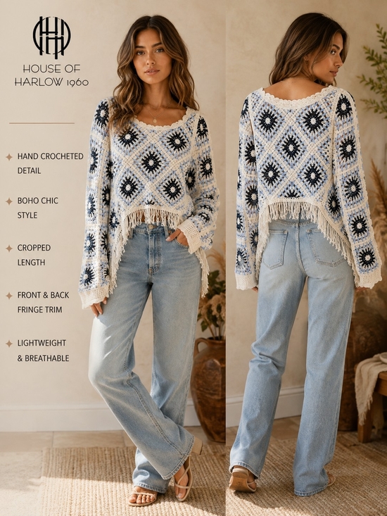 House of Harlow 1960 Sweaters - House of Harlow 1960 Crochet Sweater Blue Cream Granny Square Fringe Boho O/S